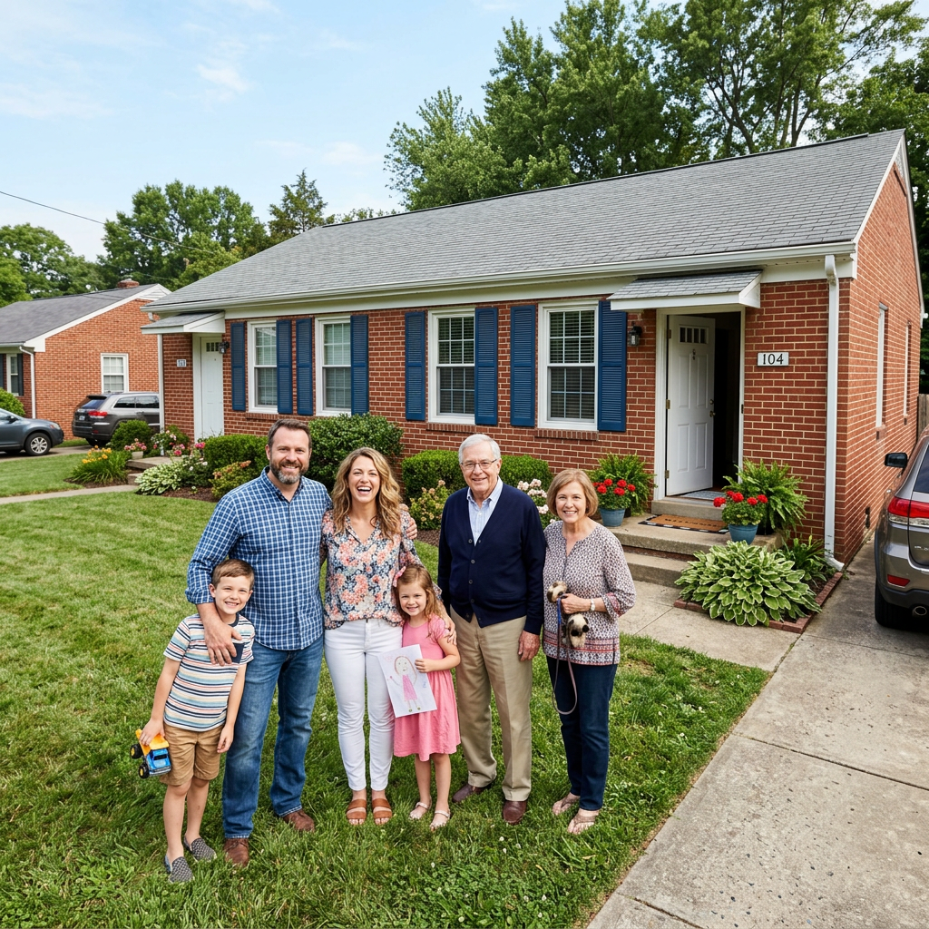 Two children, two adults, and two elderly people smiling in front of a brick house