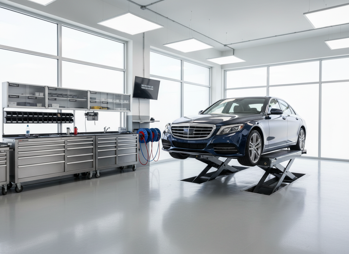 A pristine automotive service bay managed under a holdings portfolio, featuring a single, late-model sedan neatly aligned on a hydraulic lift. The glossy, light gray epoxy floor is spotless, with neatly coiled hoses, organized tool cabinets, and labeled storage bins for parts along the side wall. Large frosted windows admit diffused daylight, supplemented by bright overhead LEDs that create crisp, clean illumination with minimal shadows. Photographic realism at a three-quarter angle, giving a clear view of the lift, equipment, and orderly storage systems. The environment feels trustworthy, transparent, and efficient, suggesting a well-run, multi-brand automotive services operation that values safety, maintenance standards, and long-term customer relationships.