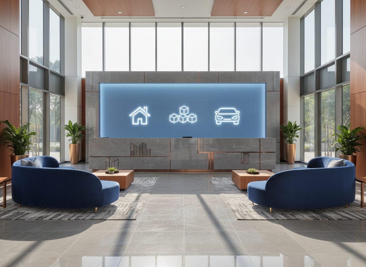 A sleek, glass-walled corporate office lobby representing a diversified holding company, with a polished stone reception desk and subtle metal accents suggesting property, storage, and automotive sectors. In the background, a large digital-style wall display shows abstract icons for housing, secure storage units, and a car silhouette, all without readable text. Soft daylight pours through tall windows, reflecting off the glossy tile floor and casting clean, linear shadows. Photographic realism at eye level, with a wide-angle composition that feels open, stable, and trustworthy. The atmosphere is professional and composed, with neutral grays, deep blues, and warm wood tones emphasizing reliability and long-term stewardship of brands.