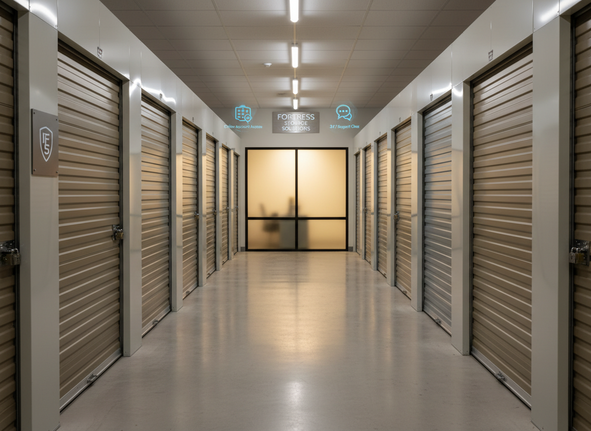 An immaculate, well-lit self-storage facility corridor owned by a professional holding company, with perfectly aligned rows of roll-up doors in calm neutral colors, each with subtle metallic texture and secure locking mechanisms. At the end of the hallway, a frosted-glass office window glows warmly, hinting at attentive management and digital support. Overhead LED strip lighting creates a continuous, evenly lit path, producing soft reflections on the polished concrete floor. Photographic realism from a centered, eye-level perspective emphasizes depth and order. The mood is secure, organized, and efficient, suggesting a brand that prioritizes customer trust, clear access, and smooth digital experiences, such as online account access and support, without any people present.