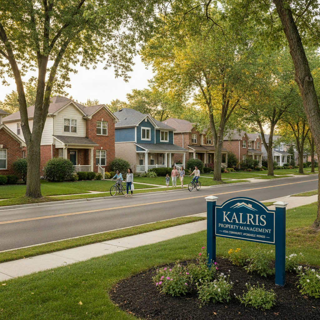 Edit the existing hero image: keep the same warm, family-friendly suburban street with single-family homes and duplexes at soft evening light, but remove the existing "Aspen" or any other third-party branding from the property sign and instead place a clean sign featuring the KALRIS wordmark in a simple, modern type treatment. No other logos or readable external brand names. Preserve the overall color, mood, and composition.