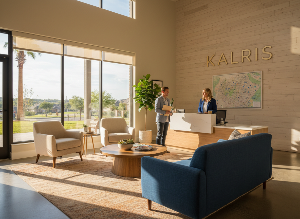 Warm, inviting suburban leasing office for a small property management company in Texas. One-story building or interior lobby with natural light, comfortable seating, and subtle KALRIS wordmark signage on the wall or window (clean sans-serif text, no other logos or readable brand names). No downtown skyline, no skyscrapers—just a calm, neighborhood-scale environment that feels local, trustworthy, and approachable.