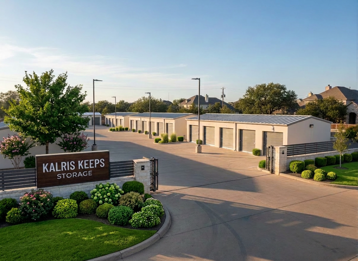 A clean, modern neighborhood self-storage facility in suburban Texas. Bright, well-lit exterior with an organized row of unit doors painted in a neutral palette. The environment feels secure, tidy, and approachable — reflecting local ownership and high standards. Warm afternoon light, no visible third-party brand names or logos. A clean, modern neighborhood self-storage facility in suburban Texas. Bright, well-lit exterior with an organized row of unit doors painted in a neutral palette. The environment feels secure, tidy, and approachable — reflecting local ownership and high standards. Warm afternoon light, no visible third-party brand names or logos.
