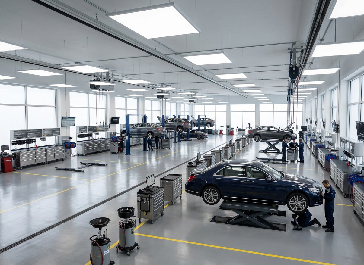 holding company A pristine automotive service bay managed under a holdings portfolio, featuring a single, late-model sedan neatly aligned on a hydraulic lift. The glossy, light gray epoxy floor is spotless, with neatly coiled hoses, organized tool cabinets, and labeled storage bins for parts along the side wall. Large frosted windows admit diffused daylight, supplemented by bright overhead LEDs that create crisp, clean illumination with minimal shadows. Photographic realism at a three-quarter angle, giving a clear view of the lift, equipment, and orderly storage systems. The environment feels trustworthy, transparent, and efficient, suggesting a well-run, multi-brand automotive services operation that values safety, maintenance standards, and long-term customer relationships.